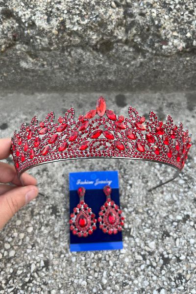 Hobigram Amara Red Crown and Drop Shuttle Earrings Set – Sparkling Evening Dress Bridal Set