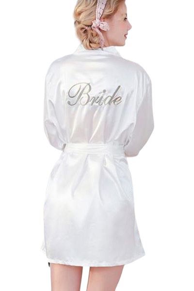 Star Fashion Halat de mireasa, din satin, cu maneca trei sferturi, brodat pe spate "Bride", cu cordon