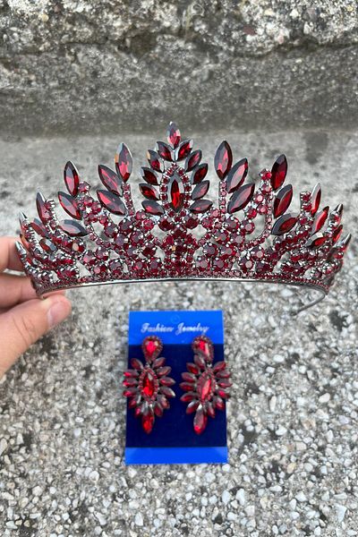 Hobigram Madeline Bridal Set – Burgundy Crown and Thin Shuttle Earrings Set, Henna Wedding Accessory