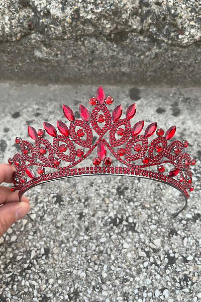 Hobigram Grace Red Crown – Sparkling Stone Bridal Henna Crown, Wedding Evening Dress Accessory Model