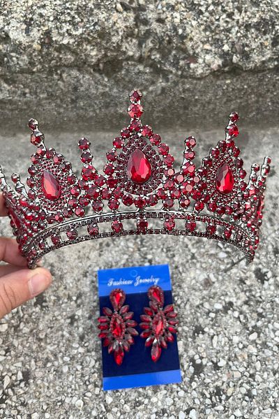 Hobigram Eveline Burgundy Crown Thin Shuttle Earring Set – Henna Engagement Wedding Evening Dress Accessory Set