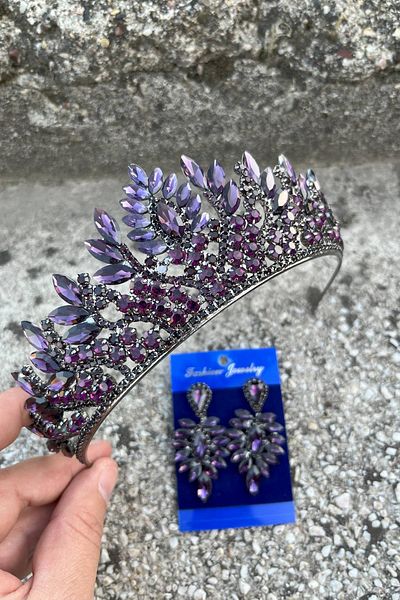 Hobigram Madeline Bridal Set – Purple Crown and Thin Shuttlecock Earrings Set, Henna Wedding Accessory