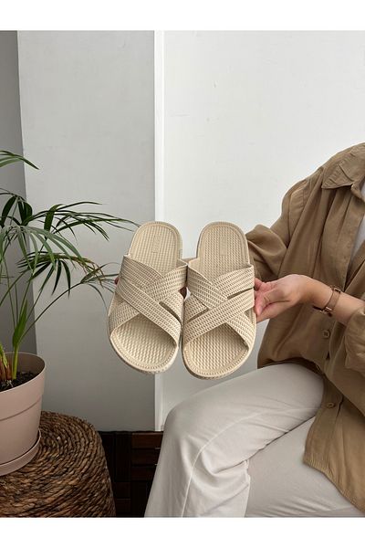 Behtah Kundura Men's Cream Hajj Umrah Soft Flexible Sole Pool Seaside Beach Daily Soft Wet Floor Suitable Slippers