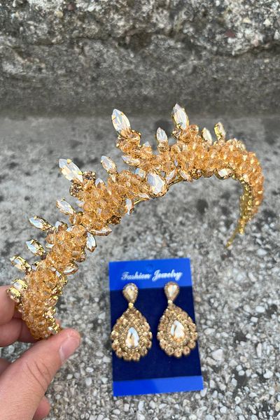 Hobigram Thalia Crown Drop Shuttle Earring Set Gold – Sparkling Evening Dress Accessory with Stones for Bridal Henna Wedding