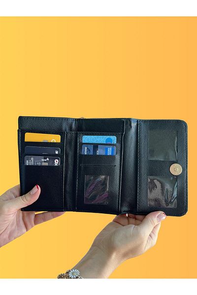 shiny ever Medium Size Women's Wallet Black Gold Detailed