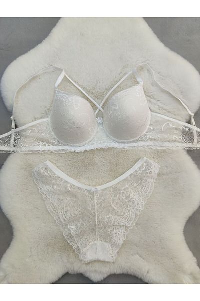Love Angels Lace Detailed Unpadded Cross Drawstring Underwire Bra Panty Set - Underwear Set