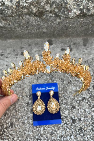 Hobigram Thalia Crown Drop Shuttle Earring Set Gold – Sparkling Evening Dress Accessory with Stones for Bridal Henna Wedding
