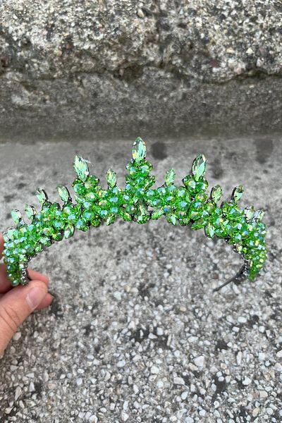 Hobigram Thalia Model Light Green Crown – Bridal Henna Wedding Evening Dress with Stones for a Showy Hair Crown