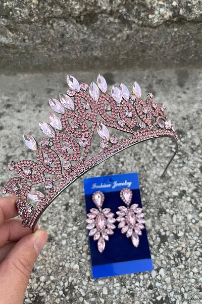 Hobigram Grace Pink Bridal Crown and Thin Shuttle Earrings Set – Wedding Evening Dress Accessory with Stones