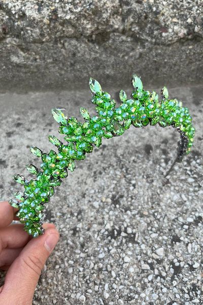 Hobigram Thalia Model Light Green Crown – Bridal Henna Wedding Evening Dress with Stones for a Showy Hair Crown