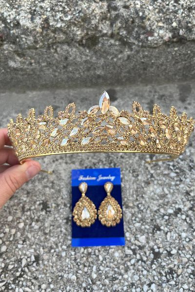 Hobigram Amara Gold Crown and Drop Shuttle Earring Set – Sparkling Evening Dress Bridal Set