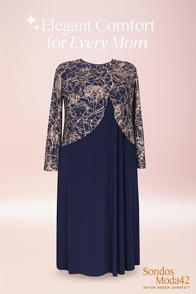 HESNA Μπλε Navy Zuhal με μπουφάν Plus Size Κομψό μοτίβο γραμμής Mother βραδινό κοστούμι