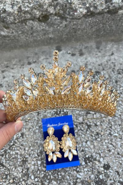 Hobigram Daisy Gold Yellow Crown and Three Shuttle Earrings Set – Sparkling Evening Dress Bridal Set