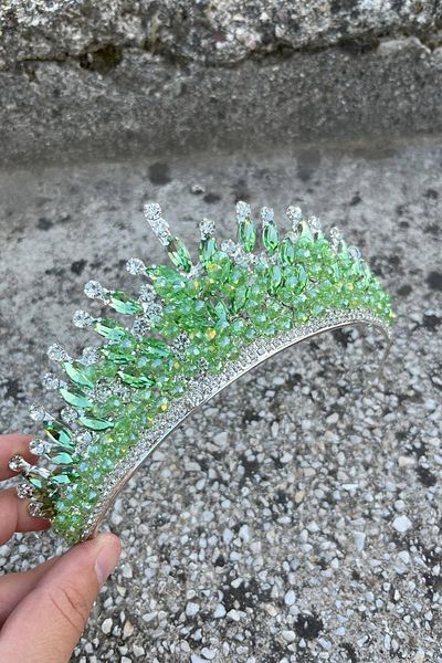 Hobigram Daisy Stone Bridal Tiara – Green Henna Wedding Crown Model, Shiny Hair Accessory