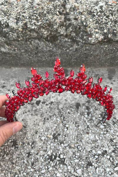 Hobigram Thalia Model Red Crown – Bridal Henna Wedding Evening Dress with Stones Showy Hair Crown
