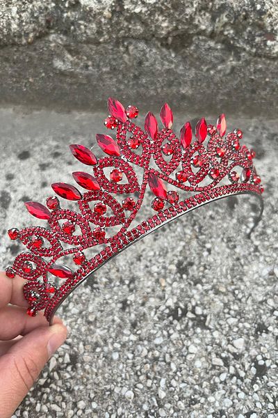 Hobigram Grace Red Crown – Sparkling Stone Bridal Henna Crown, Wedding Evening Dress Accessory Model