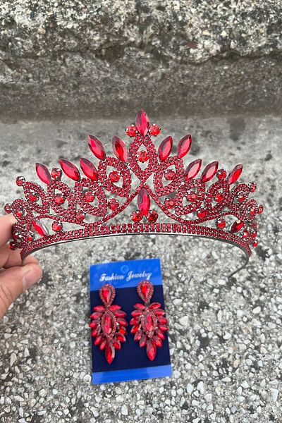 Hobigram Grace Red Bridal Crown and Thin Shuttle Earrings Set – Wedding Evening Dress Accessory with Stones