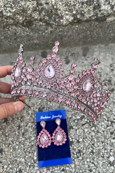 Hobigram Eveline Pink Crown Drop Shuttle Earring Set – Henna Engagement Wedding Evening Dress Accessory Set