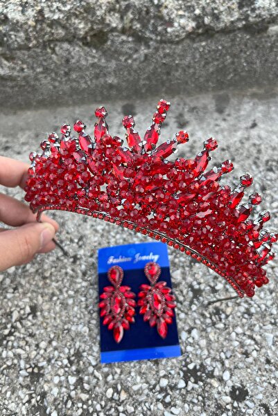 Hobigram Daisy Red Crown and Thin Shuttle Earrings Set – Sparkling Evening Dress Bridal Set