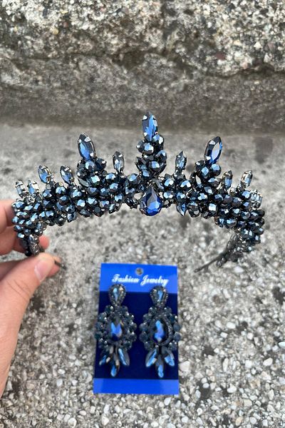 Hobigram Thalia Crown Three Shuttle Earring Set Navy Blue – Sparkling Evening Dress Accessory with Stones for Bridal Henna Wedding