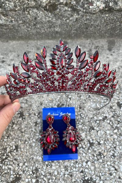 Hobigram Madeline Bridal Set – Burgundy Crown and Wide Shuttle Earrings Set, Henna Wedding Accessory