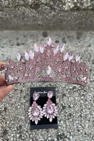 Hobigram Grace Pink Bridal Tiara and Wide Shuttle Earrings Set – Wedding Evening Dress Accessory with Stones