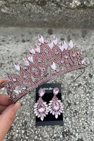 Hobigram Grace Pink Bridal Tiara and Wide Shuttle Earrings Set – Wedding Evening Dress Accessory with Stones