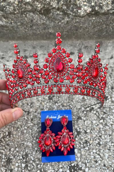 Hobigram Eveline Red Crown Wide Shuttle Earring Set – Henna Engagement Wedding Evening Dress Accessory Set