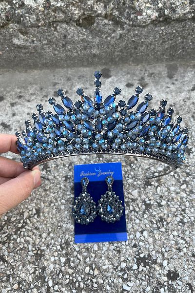Hobigram Daisy Navy Blue Crown and Drop Shuttle Earrings Set – Sparkling Evening Dress Bridal Set