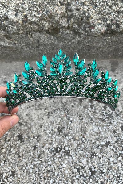 Hobigram Madeline Green Evening Dress Crown – Wedding Henna Engagement Crown with Stones, Bridal Accessory Model