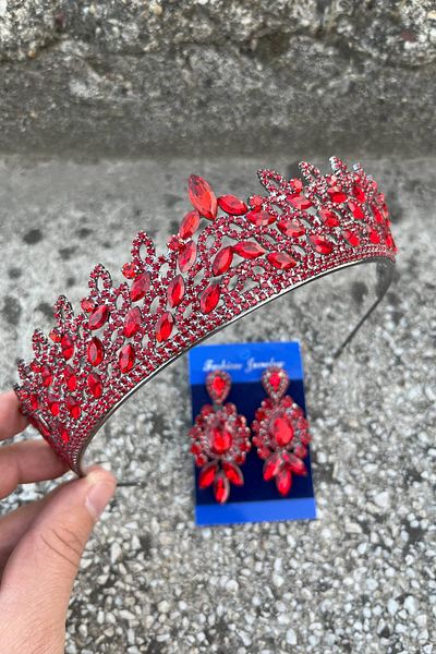 Hobigram Amara Red Crown and Three Shuttle Earrings Set – Sparkling Evening Dress Bridal Set