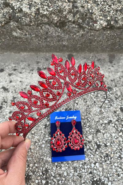Hobigram Grace Red Bridal Crown and Drop Shuttle Earring Set – Wedding Evening Dress Accessory with Stones