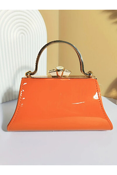 ÇANTA Rhinestone Embellishment Orange Patent Leather Women's Hand Bag Elegant...