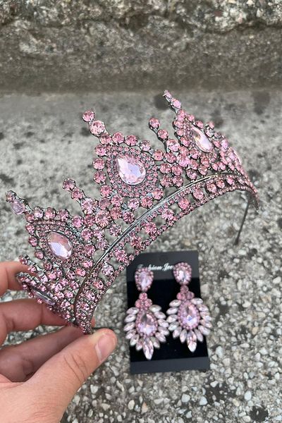 Hobigram Eveline Pink Crown Wide Shuttle Earring Set – Henna Engagement Wedding Evening Dress Accessory Set