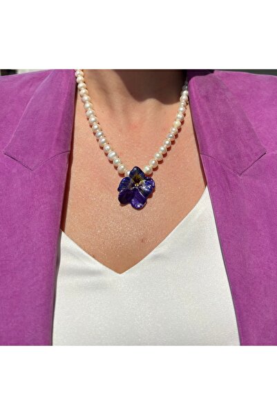 C7 Silver Özen Mine İşçilikli El Emeği İncili Menekşe Kolye