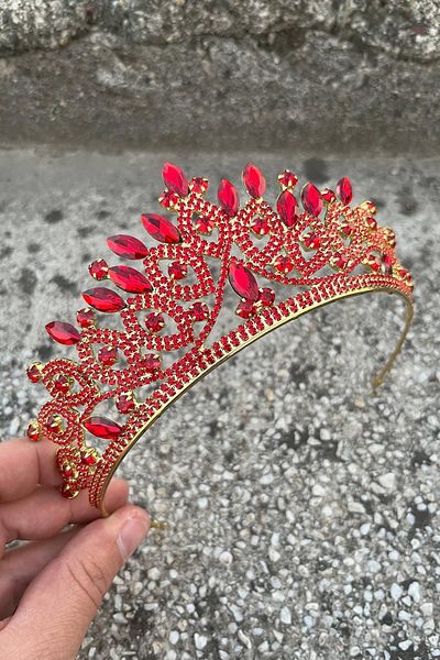 Hobigram Grace Red Gold Crown – Sparkling Stone Bridal Henna Crown, Wedding Evening Dress Accessory Model