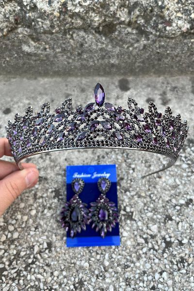 Hobigram Amara Purple Crown and Wide Shuttle Earring Set – Sparkling Evening Dress Bridal Set
