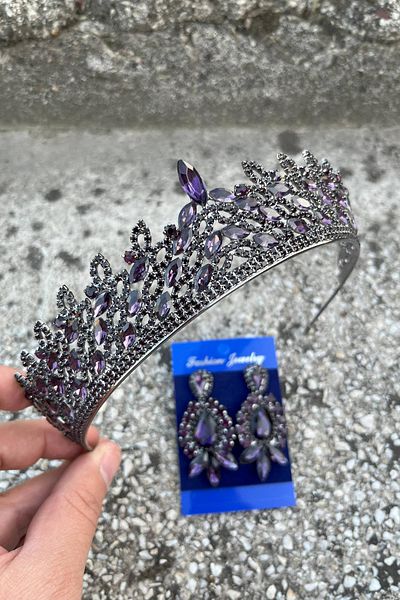 Hobigram Amara Purple Crown and Three Shuttle Earrings Set – Sparkling Evening Dress Bridal Set