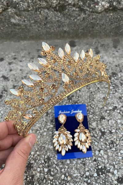 Hobigram Grace Gold Bridal Tiara and Wide Shuttle Earrings Set – Wedding Evening Dress Accessory with Stones
