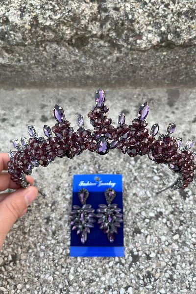Hobigram Thalia Crown Thin Shuttle Earring Set Purple – Sparkling Evening Dress Accessory with Stones for Bridal Henna Wedding