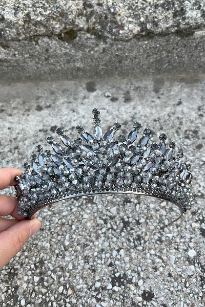 Hobigram Daisy Stone Bridal Tiara – Anthracite Henna Wedding Crown Model, Shiny Hair Accessory
