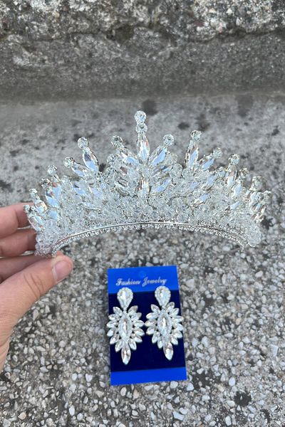 Hobigram Daisy Silver Crown and Thin Shuttle Earrings Set – Sparkling Evening Dress Bridal Set