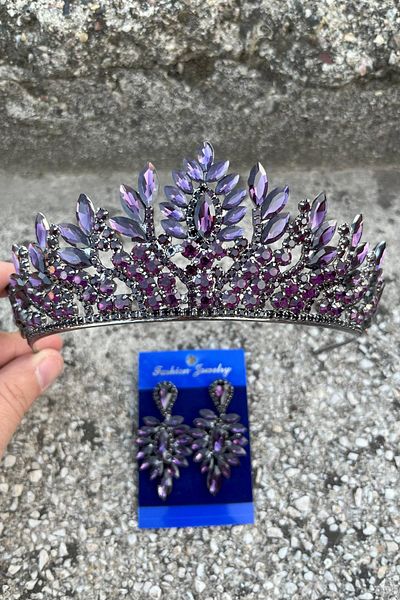 Hobigram Madeline Bridal Set – Purple Crown and Thin Shuttlecock Earrings Set, Henna Wedding Accessory
