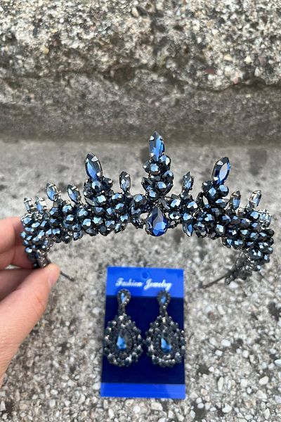 Hobigram Thalia Crown Drop Shuttle Earring Set Navy Blue – Sparkling Evening Dress Accessory with Stones for Bridal Henna Wedding
