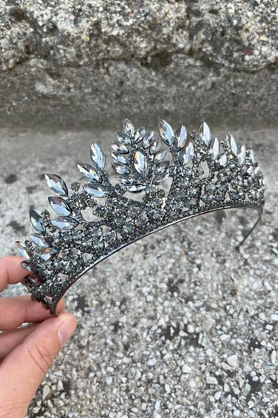 Hobigram Madeline Anthracite Evening Dress Crown – Wedding Henna Engagement Crown with Stones, Bridal Accessory Model