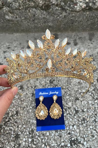 Hobigram Grace Gold Bridal Crown and Drop Shuttle Earring Set – Wedding Evening Dress Accessory with Stones