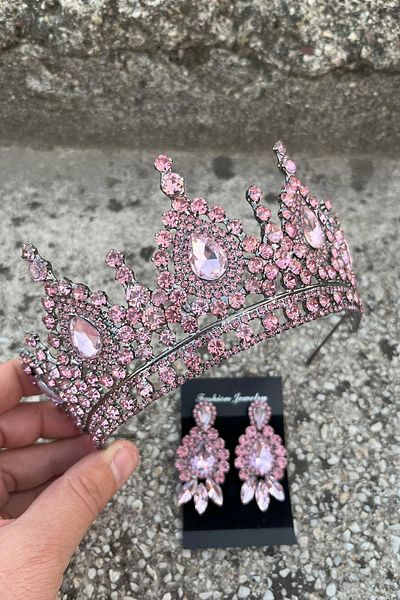 Hobigram Eveline Pink Crown Three Shuttle Earring Set – Henna Engagement Wedding Evening Dress Accessory Set