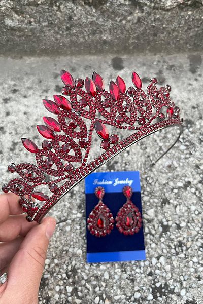 Hobigram Grace Burgundy Bridal Crown and Drop Shuttle Earring Set – Wedding Evening Dress Accessory with Stones