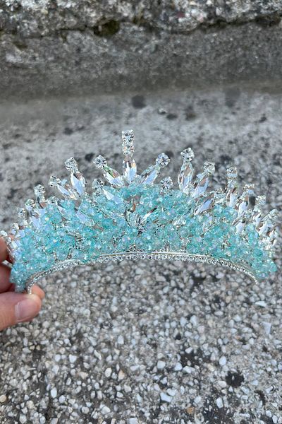 Hobigram Daisy Stone Bridal Tiara – Water Green Henna Wedding Crown Model, Shiny Hair Accessory