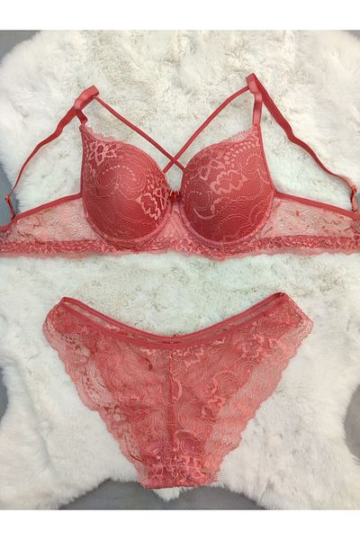 Love Angels Lace Detailed Unpadded Cross Drawstring Underwire Bra Panty Set - Underwear Set
